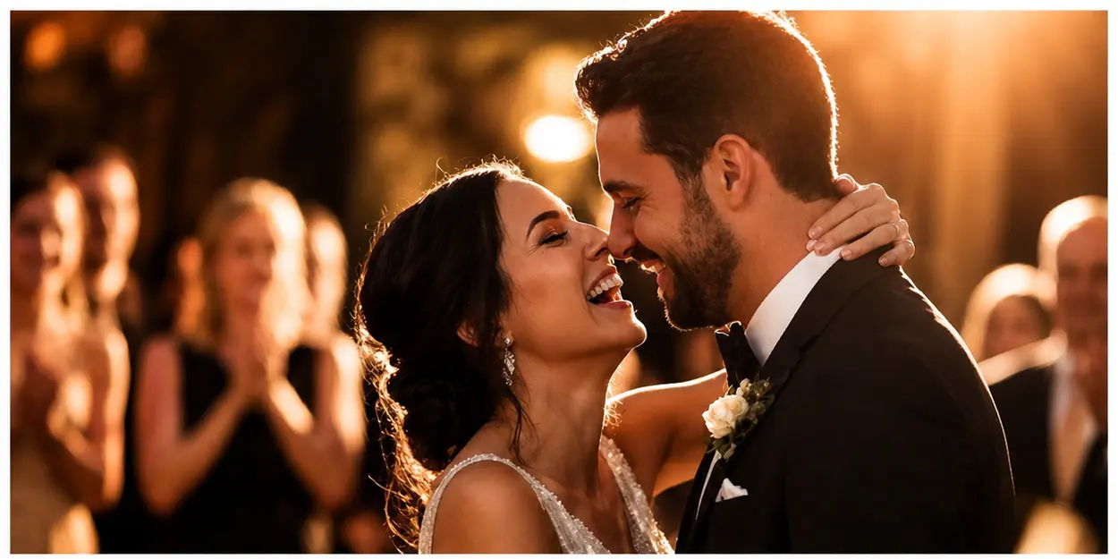 Pareja de novios bailando en su casamiento