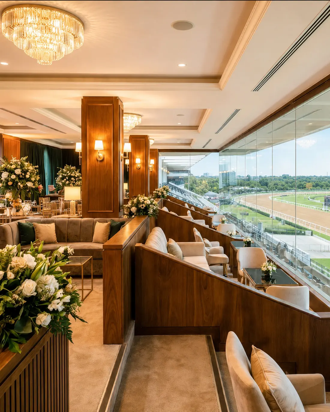 Interior del salón Vista con ventanales sobre la pista del hipódromo