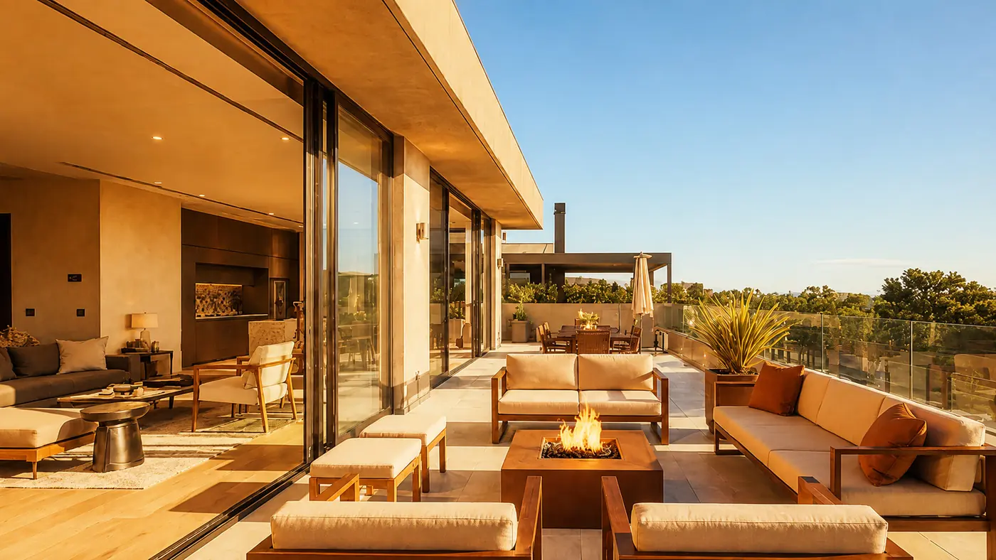 Living exterior con vista abierta para eventos corporativos